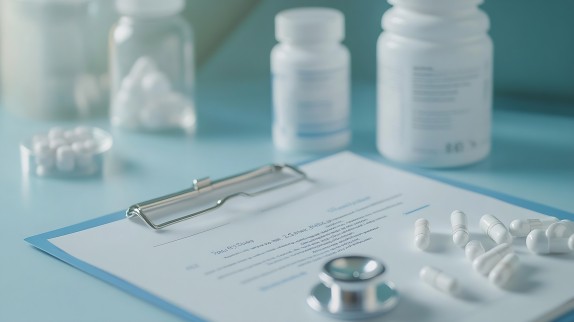 Ein Klemmbrett, verschiedene Medikamentdosen und weiße Pillen (KI-generiert)