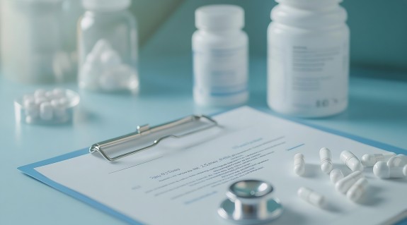 Ein Klemmbrett, verschiedene Medikamentdosen und weiße Pillen (KI-generiert)