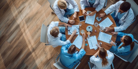 Gruppe von Experten sitzen an einem runden Tisch und besprechen sich (KI-generiert)