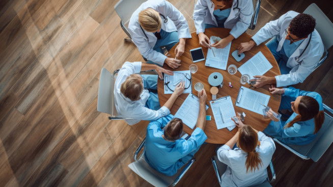 Gruppe von Experten sitzen an einem runden Tisch und besprechen sich (KI-generiert)